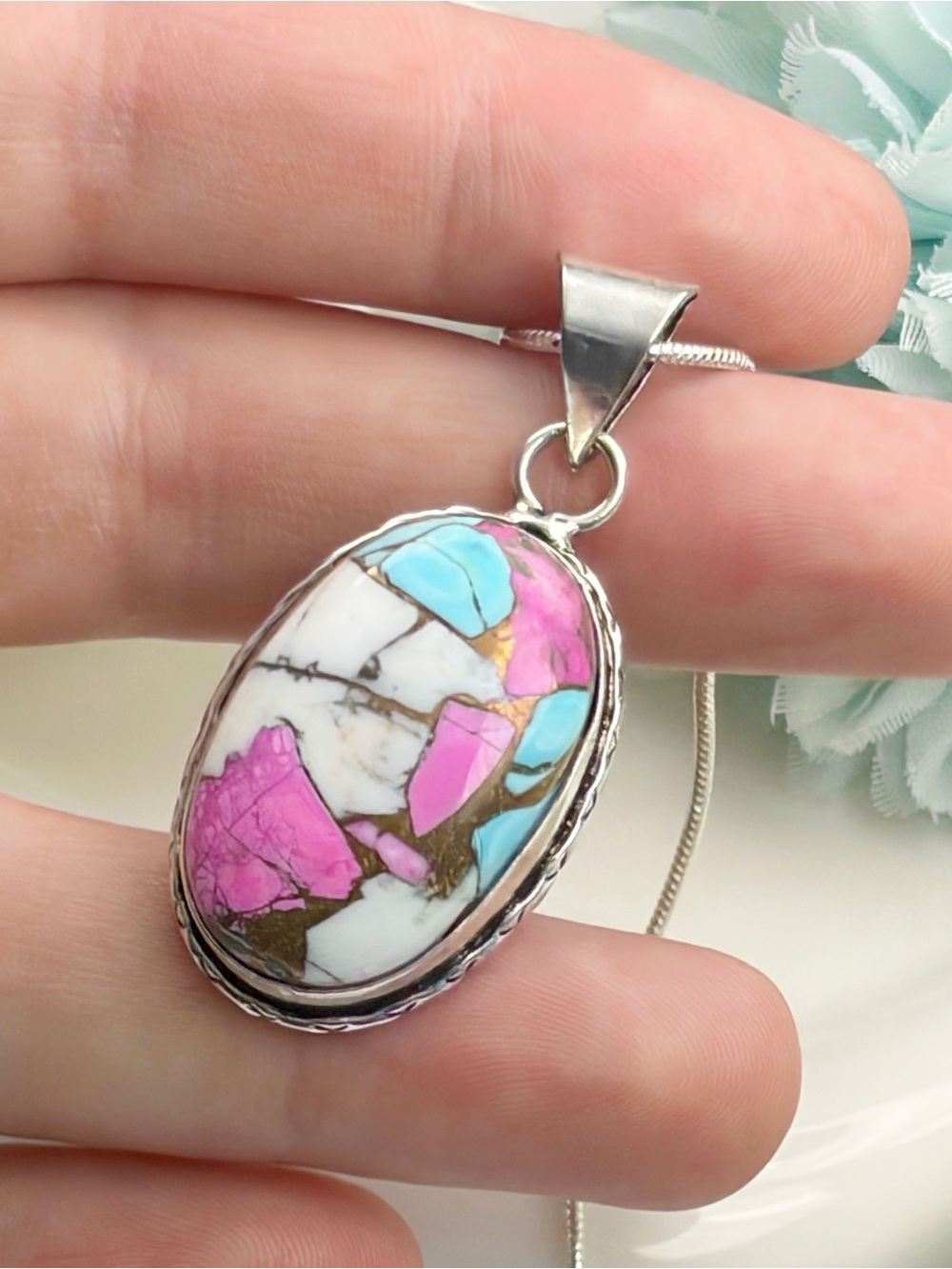 Genuine Cotton Candy Turquoise Pendant Necklace Sterling Silver 925 Overlay New